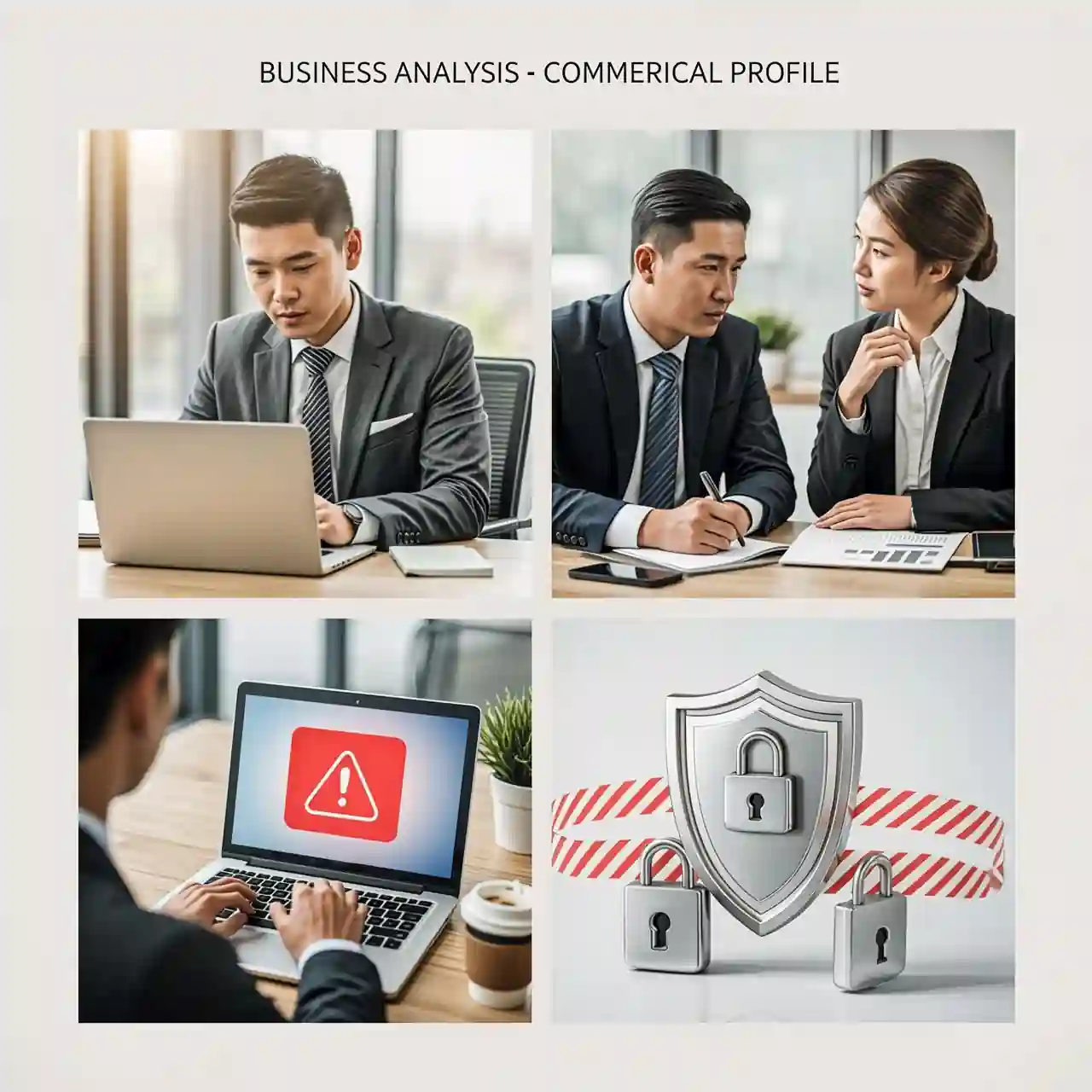 Business analysis and cybersecurity concept showing professionals working on laptops, reviewing reports, a cyber threat alert, and digital security shield protection.