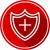 "Red circular icon with white shield and plus sign symbolizing health protection